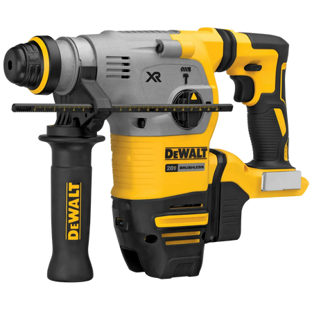 A perspective view of the DEWALT DCH293B rotary hammer showcasing the SDS Plus tool holder and the rotating mode selection dial. The image emphasizes the rugged construction of the tool, including the 360-degree adjustable side handle for enhanced drilling control.