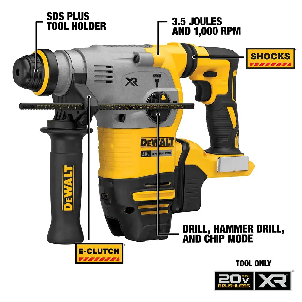 A technical infographic of the DEWALT DCH293B labeling key professional features. Callouts highlight the SDS Plus tool holder, the high-performance 3.5 Joules and 1,000 RPM rating, the SHOCKS Active Vibration Control, the Anti-Rotation E-Clutch system, and the three application modes: drill, hammer drill, and chip.