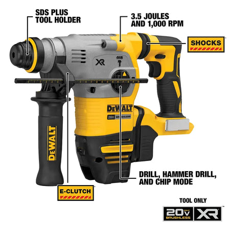 A technical infographic of the DEWALT DCH293B labeling key professional features. Callouts highlight the SDS Plus tool holder, the high-performance 3.5 Joules and 1,000 RPM rating, the SHOCKS Active Vibration Control, the Anti-Rotation E-Clutch system, and the three application modes: drill, hammer drill, and chip.