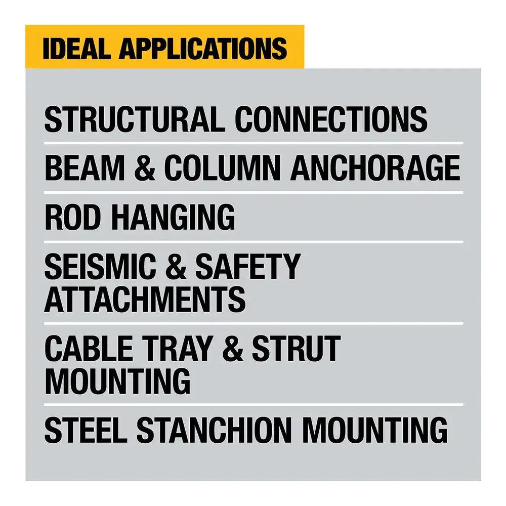 A graphic listing the ideal applications for the DEWALT DCH293B rotary hammer. Professional uses listed include structural connections, beam and column anchorage, rod hanging, seismic and safety attachments, cable tray and strut mounting, and steel stanchion mounting.