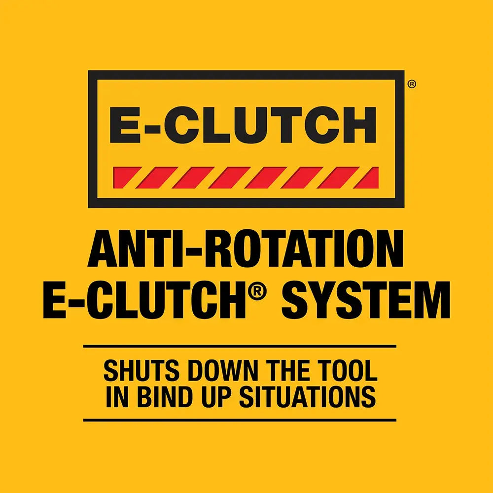 A safety feature graphic for the DEWALT Anti-Rotation E-Clutch System. The yellow and black icon indicates that the system is designed to protect the user by automatically shutting down the tool in bind-up situations.