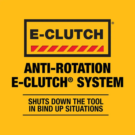A safety feature graphic for the DEWALT Anti-Rotation E-Clutch System. The yellow and black icon indicates that the system is designed to protect the user by automatically shutting down the tool in bind-up situations.