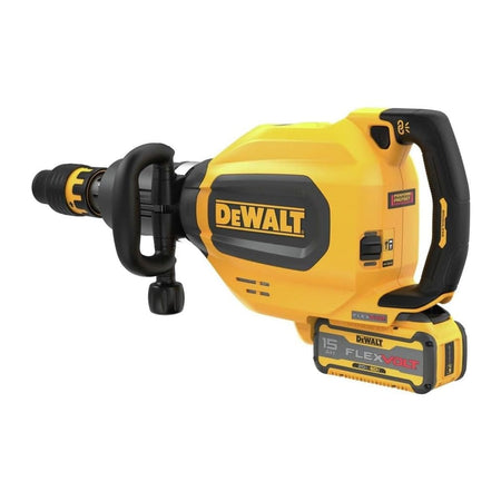 Three-quarter studio view of the DEWALT 60V MAX inline chipping hammer equipped with a 15Ah FLEXVOLT battery, showcasing the industrial D-handle and heavy-duty tool body.