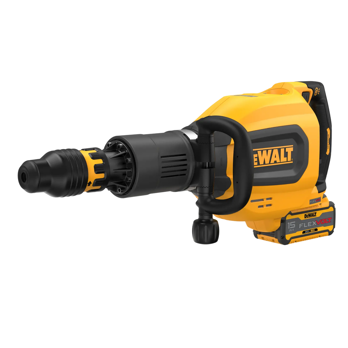 High-resolution studio shot of the DEWALT DCH911Z2 60V MAX SDS MAX inline chipping hammer, emphasizing the brushless motor and the high-capacity 15Ah FLEXVOLT battery system.