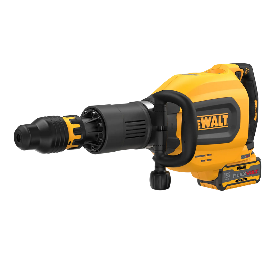 High-resolution studio shot of the DEWALT DCH911Z2 60V MAX SDS MAX inline chipping hammer, emphasizing the brushless motor and the high-capacity 15Ah FLEXVOLT battery system.