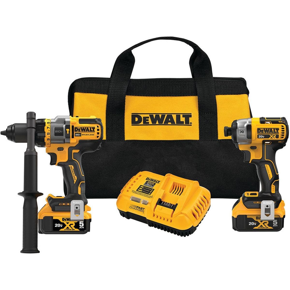 The DEWALT DCK2100P2 combo kit featuring the DCD999 hammer drill with side handle, DCF887 XR impact driver, two 5.0Ah lithium-ion batteries, an 8 Amp fast charger, and a yellow and black contractor tool bag.
