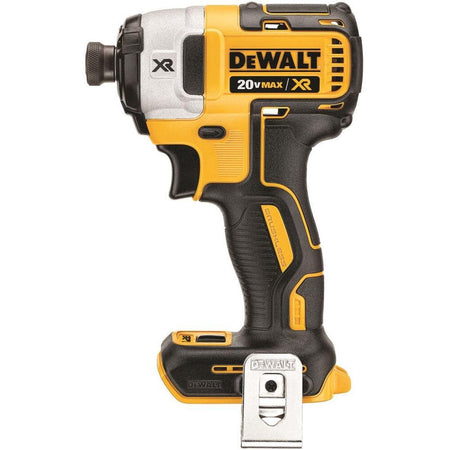 Side profile of the DEWALT DCF887 XR 1/4-inch brushless impact driver, emphasizing its compact design and powerful 20V MAX lithium-ion battery system for professional electrical and construction work.