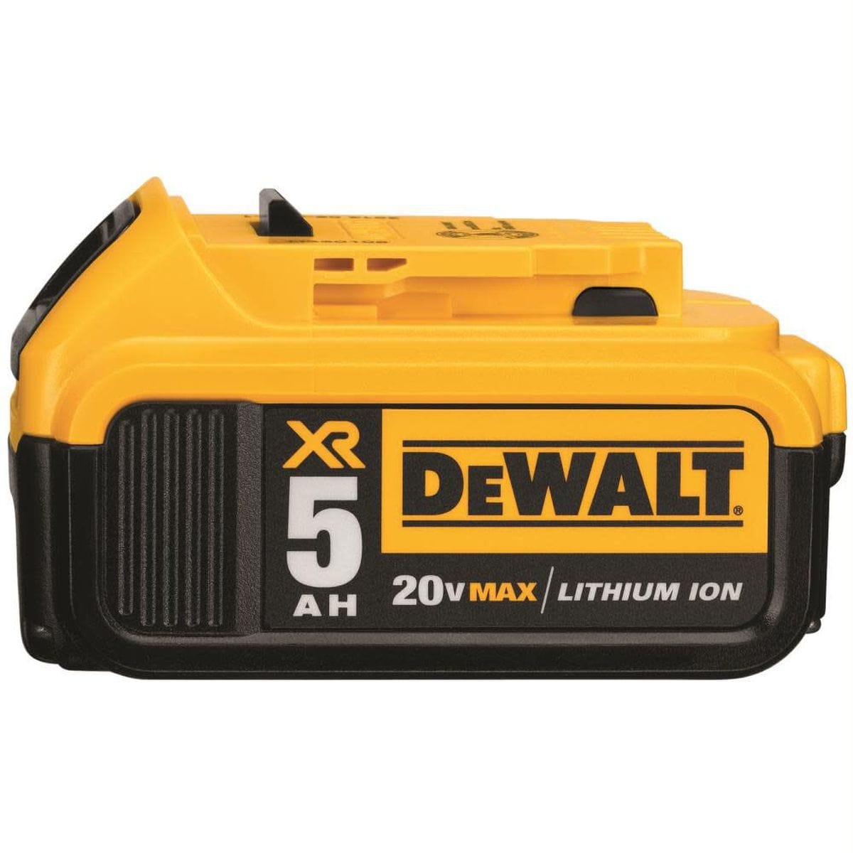 Side profile of the DEWALT DCB205 20V MAX XR 5.0Ah lithium-ion battery featuring a high-capacity fuel gauge and durable yellow and black housing designed for extended jobsite runtime.
