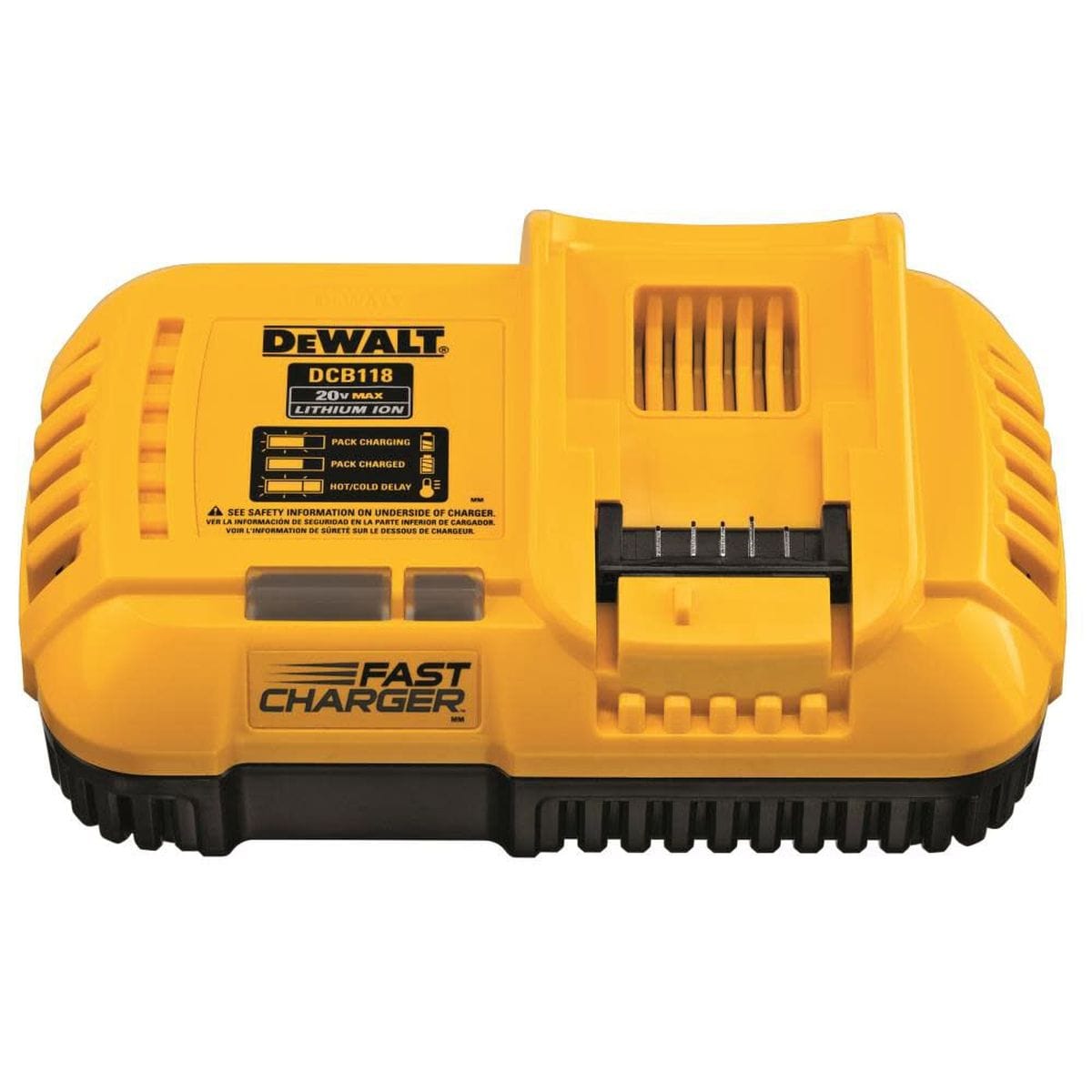 Top view of the DEWALT DCB118 8 Amp fast charger highlighting the diagnostic LED indicators for charging status and the fan-cooled design for rapid recovery of 20V MAX and FLEXVOLT batteries.