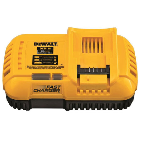 Top view of the DEWALT DCB118 8 Amp fast charger highlighting the diagnostic LED indicators for charging status and the fan-cooled design for rapid recovery of 20V MAX and FLEXVOLT batteries.