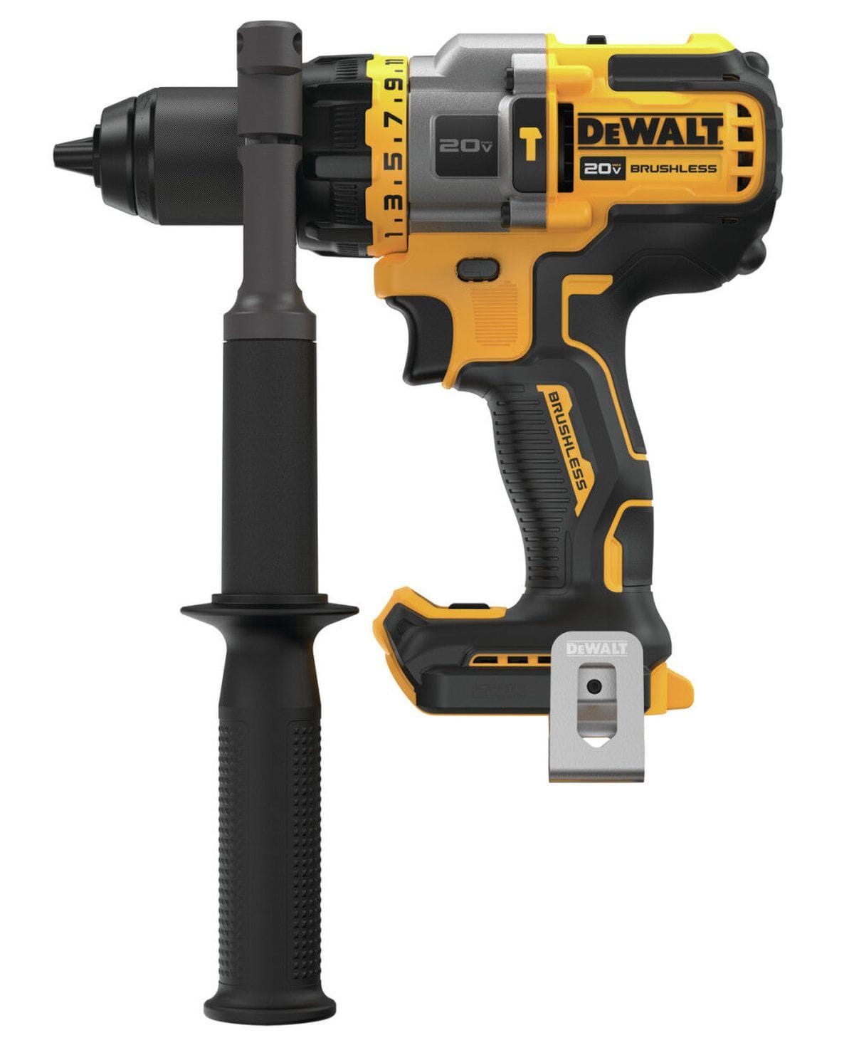 Side profile of the DEWALT DCD999 20V MAX brushless hammer drill with FLEXVOLT ADVANTAGE technology, showcasing the 360-degree side handle and durable metal chuck for heavy-duty masonry and wood drilling.