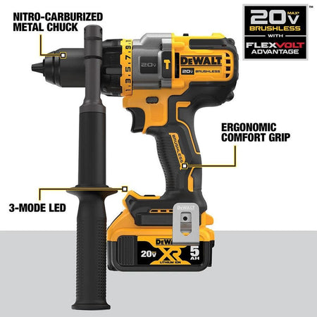 An informative graphic of the DEWALT hammer drill highlighting professional features including the nitro-carburized metal chuck, ergonomic comfort grip, and the high-output 3-mode LED work light.