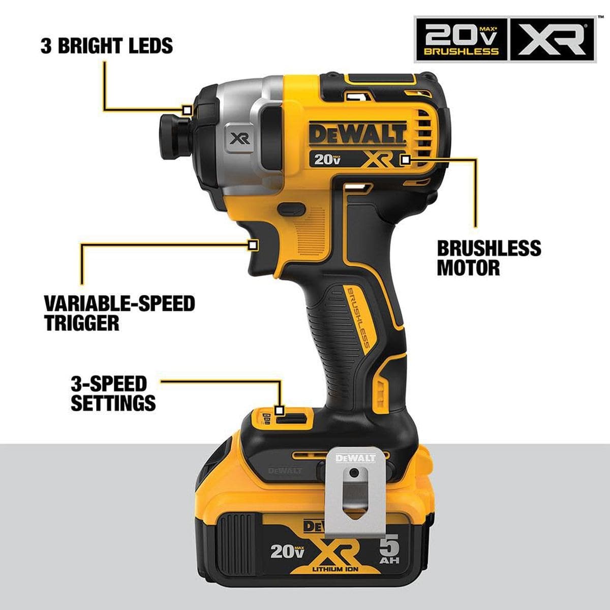 Infographic of the DEWALT DCF887 20V MAX XR brushless impact driver identifying the 3-speed settings, variable-speed trigger, and the 3 bright LEDs for shadow-free visibility during fastening.