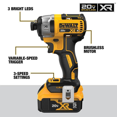 Infographic of the DEWALT DCF887 20V MAX XR brushless impact driver identifying the 3-speed settings, variable-speed trigger, and the 3 bright LEDs for shadow-free visibility during fastening.