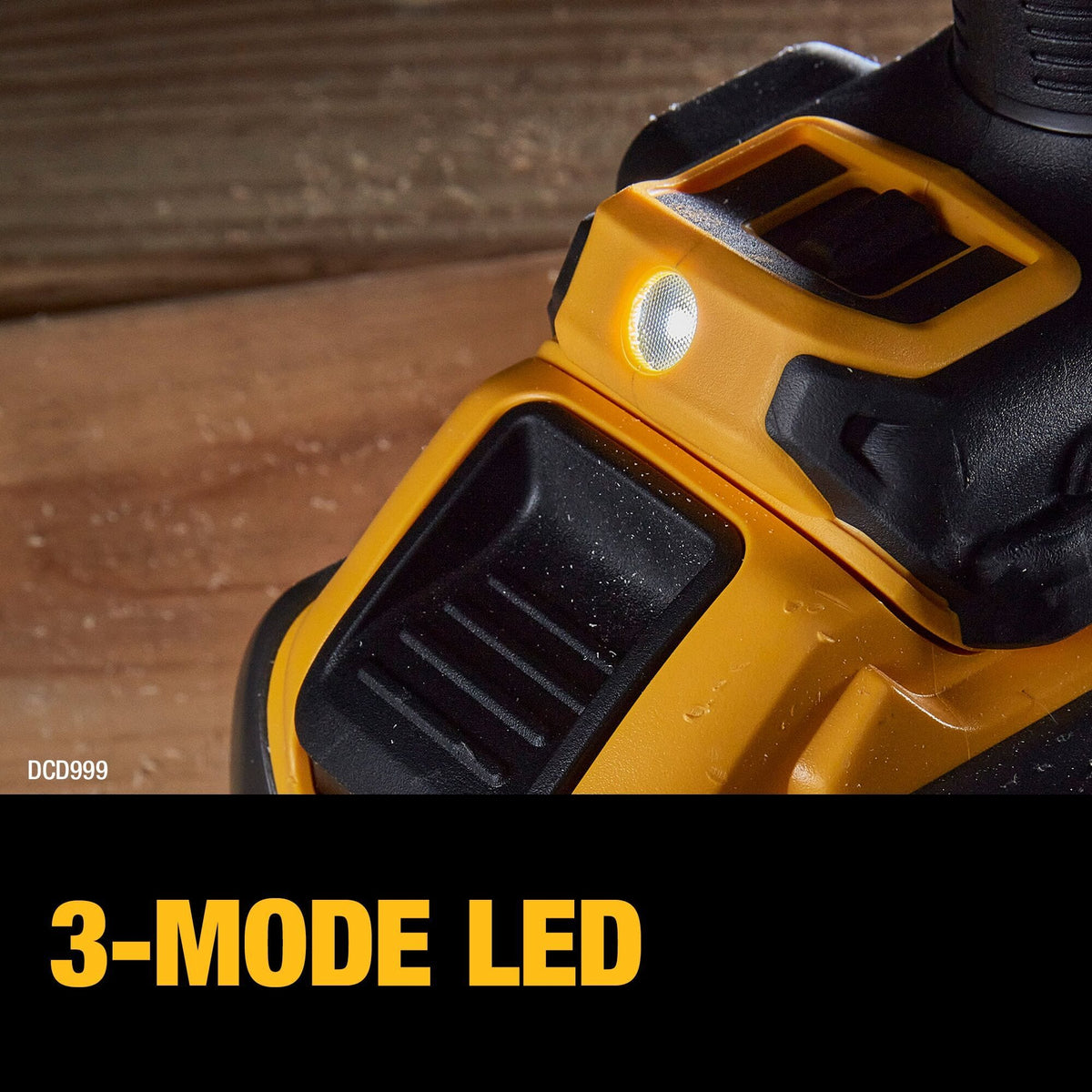 Close-up of the foot-mounted 3-mode LED on the DEWALT hammer drill, designed to provide up to 20x brighter illumination in dark or confined work spaces with an integrated 20-minute spotlight mode.
