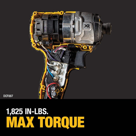 Cutaway view of the DEWALT DCF887 impact driver internal components highlighting the high-performance brushless motor that delivers a maximum torque of 1,825 in-lbs for demanding industrial applications.