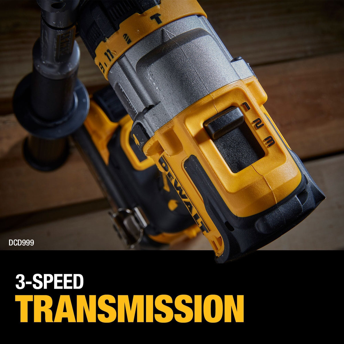 Top view of the DEWALT DCD999 hammer drill highlighting the 3-speed all-metal transmission, built to optimize the tool for high-speed drilling or high-torque fastening tasks.