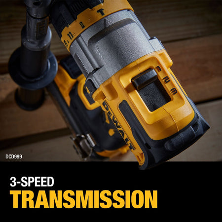 Top view of the DEWALT DCD999 hammer drill highlighting the 3-speed all-metal transmission, built to optimize the tool for high-speed drilling or high-torque fastening tasks.