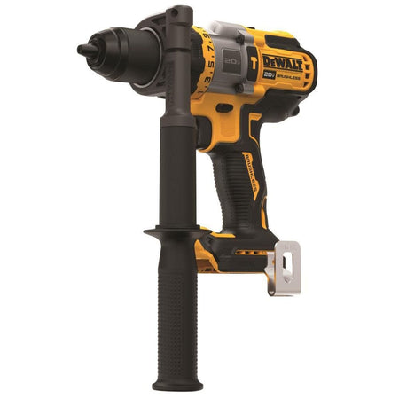 Perspective view of the industrial-grade DEWALT DCD999 hammer drill with FLEXVOLT ADVANTAGE, featuring the belt hook and side handle for maximum control during high-torque masonry drilling.