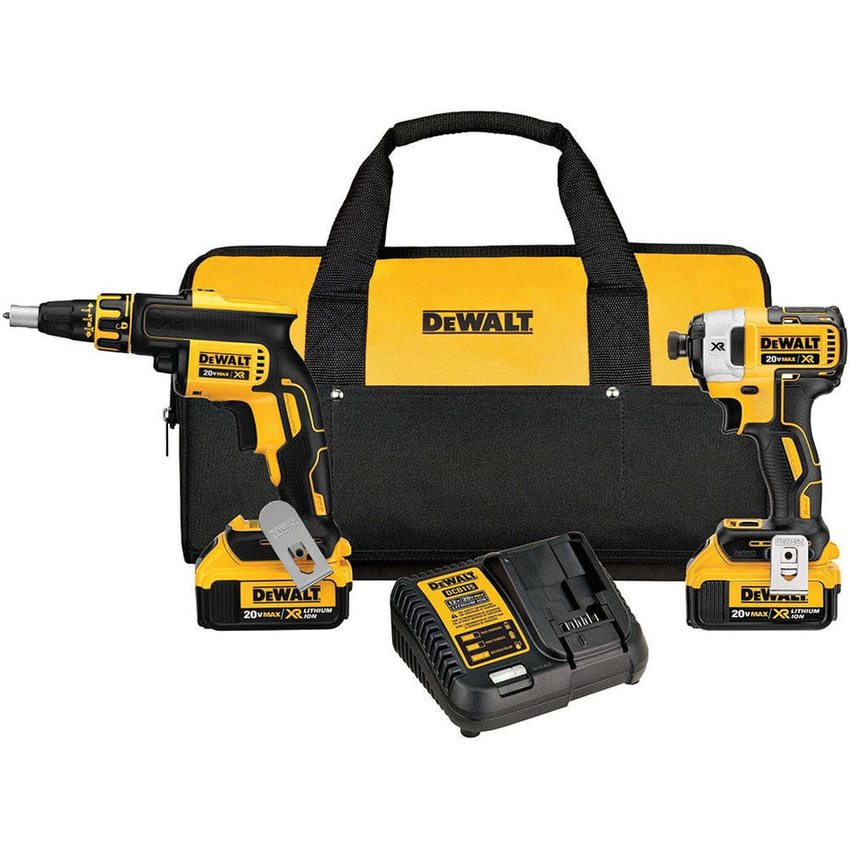 DEWALT DCK267M2 20V MAX XR cordless combo kit featuring a brushless drywall screwgun, a 3-speed impact driver, two 4.0Ah lithium ion batteries, charger, and a yellow and black contractor bag.