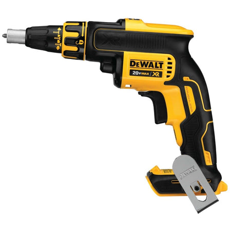 Full side view of the DEWALT 20V MAX XR brushless drywall screwgun showcasing the adjustable nosecone for depth setting and the high-speed brushless motor housing.