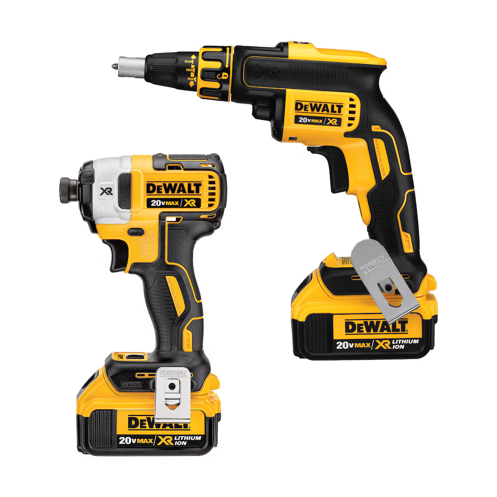The DEWALT DCF620 drywall screwgun and DCF887 3-speed impact driver shown together with attached 20V MAX XR batteries, illustrating the complete professional cordless drywall installation system.