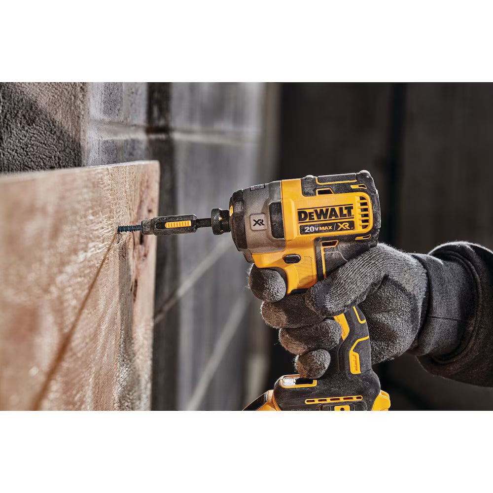 Close-up of the DEWALT XR brushless impact driver in use, highlighting the precision fastening and high-torque performance of the 1/4 inch hex chuck on a jobsite.