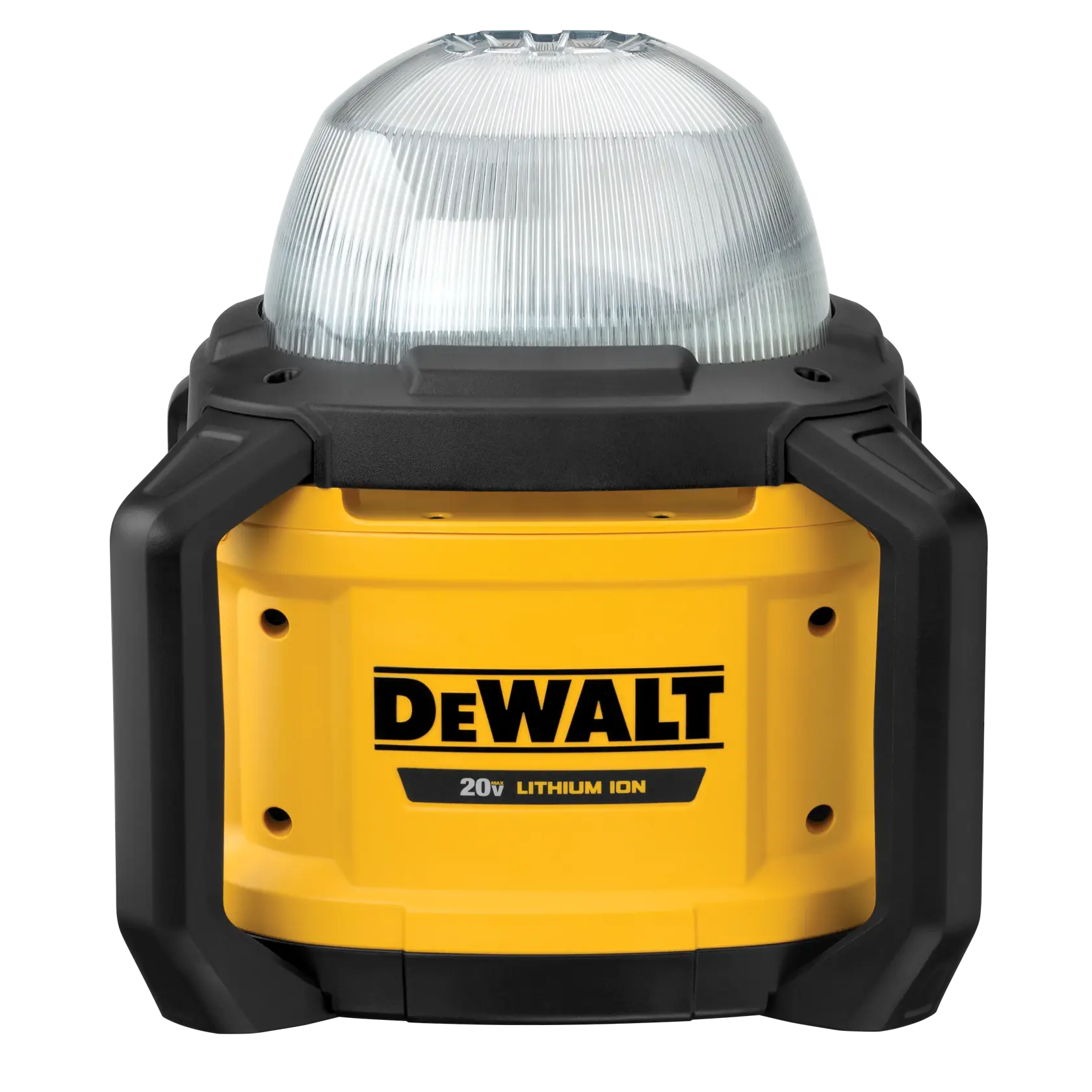 Front-facing view of the DEWALT DCL074 20V MAX cordless work light featuring a durable protective roll cage and a high-impact frosted lens for 360-degree area illumination.