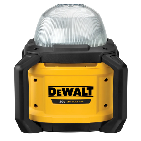 Front-facing view of the DEWALT DCL074 20V MAX cordless work light featuring a durable protective roll cage and a high-impact frosted lens for 360-degree area illumination.