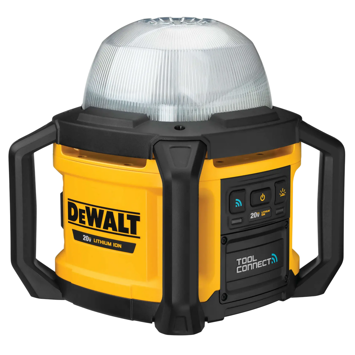 Angled view of the DEWALT all-purpose work light highlighting the integrated Tool Connect control panel with power button, brightness settings, and Bluetooth connectivity status lights.