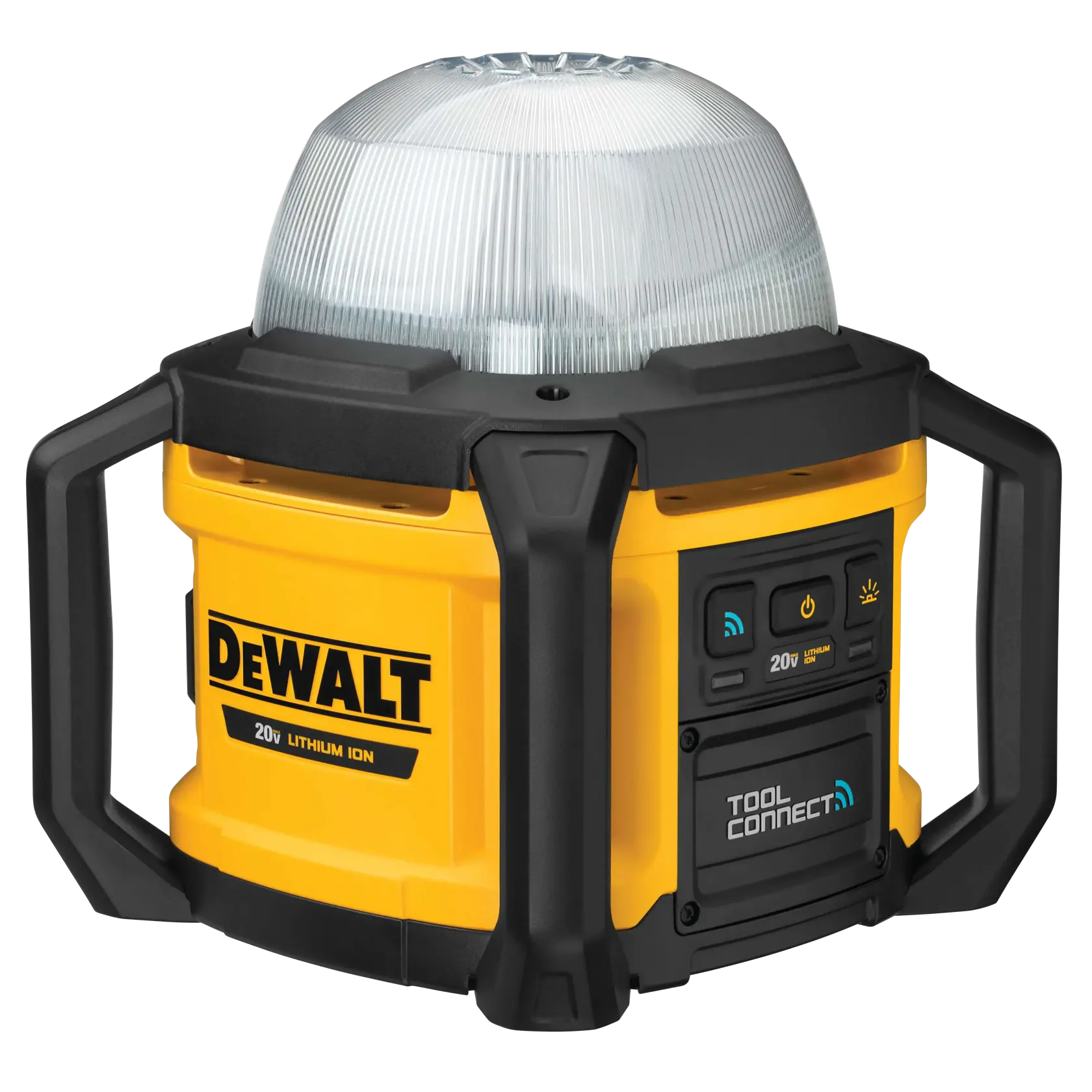 Angled view of the DEWALT all-purpose work light highlighting the integrated Tool Connect control panel with power button, brightness settings, and Bluetooth connectivity status lights.