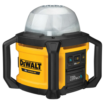 Angled view of the DEWALT all-purpose work light highlighting the integrated Tool Connect control panel with power button, brightness settings, and Bluetooth connectivity status lights.