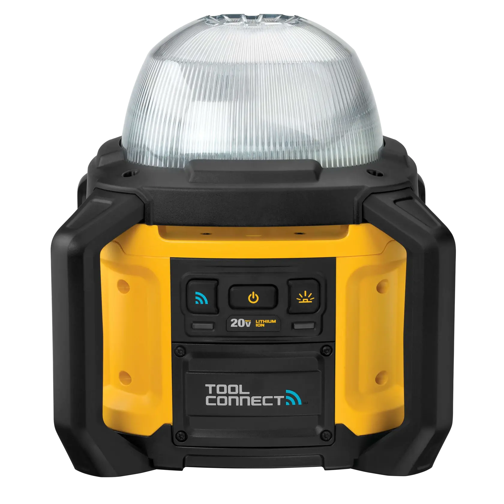 Close-up of the professional control interface on the DEWALT DCL074 LED light, showcasing the easy-to-use buttons for manual operation and remote app pairing.