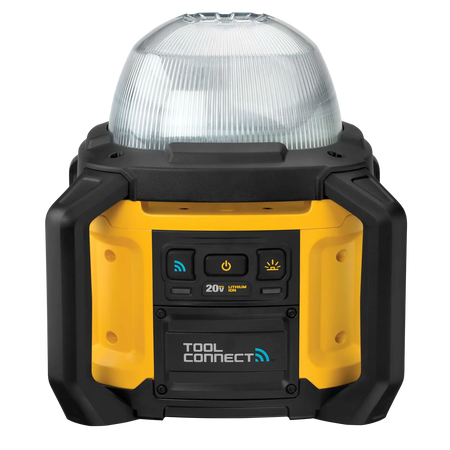 Close-up of the professional control interface on the DEWALT DCL074 LED light, showcasing the easy-to-use buttons for manual operation and remote app pairing.