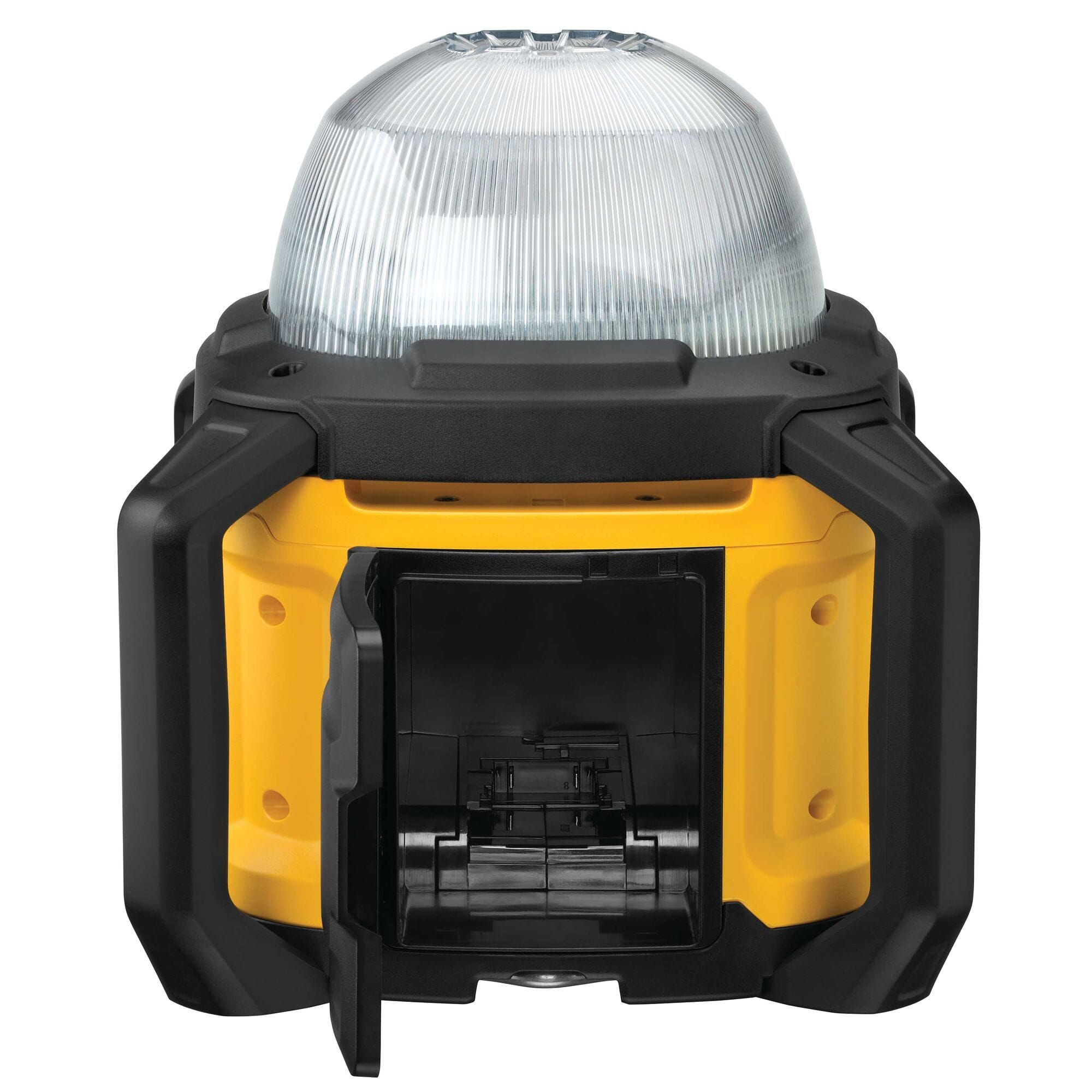 Back-facing view of the DEWALT cordless work light with the internal battery compartment door open, illustrating the secure housing for 20V MAX or FLEXVOLT lithium-ion batteries.