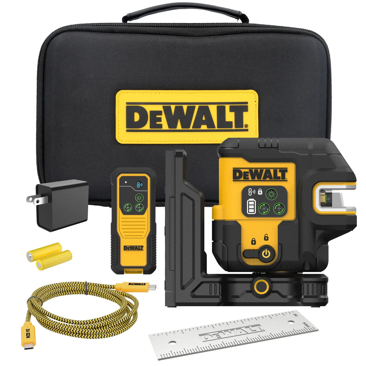 Full kit view of the DEWALT DCLE14251G USB rechargeable green 5-spot and crossline laser, including the storage case, remote control, USB-C cable, power adapter, and mounting plate.