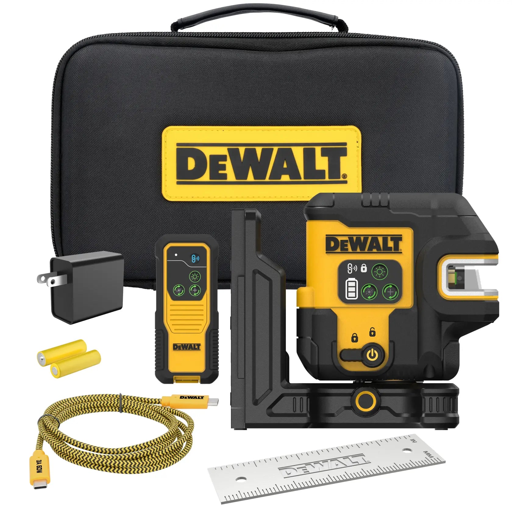Full kit view of the DEWALT DCLE14251G USB rechargeable green 5-spot and crossline laser, including the storage case, remote control, USB-C cable, power adapter, and mounting plate.
