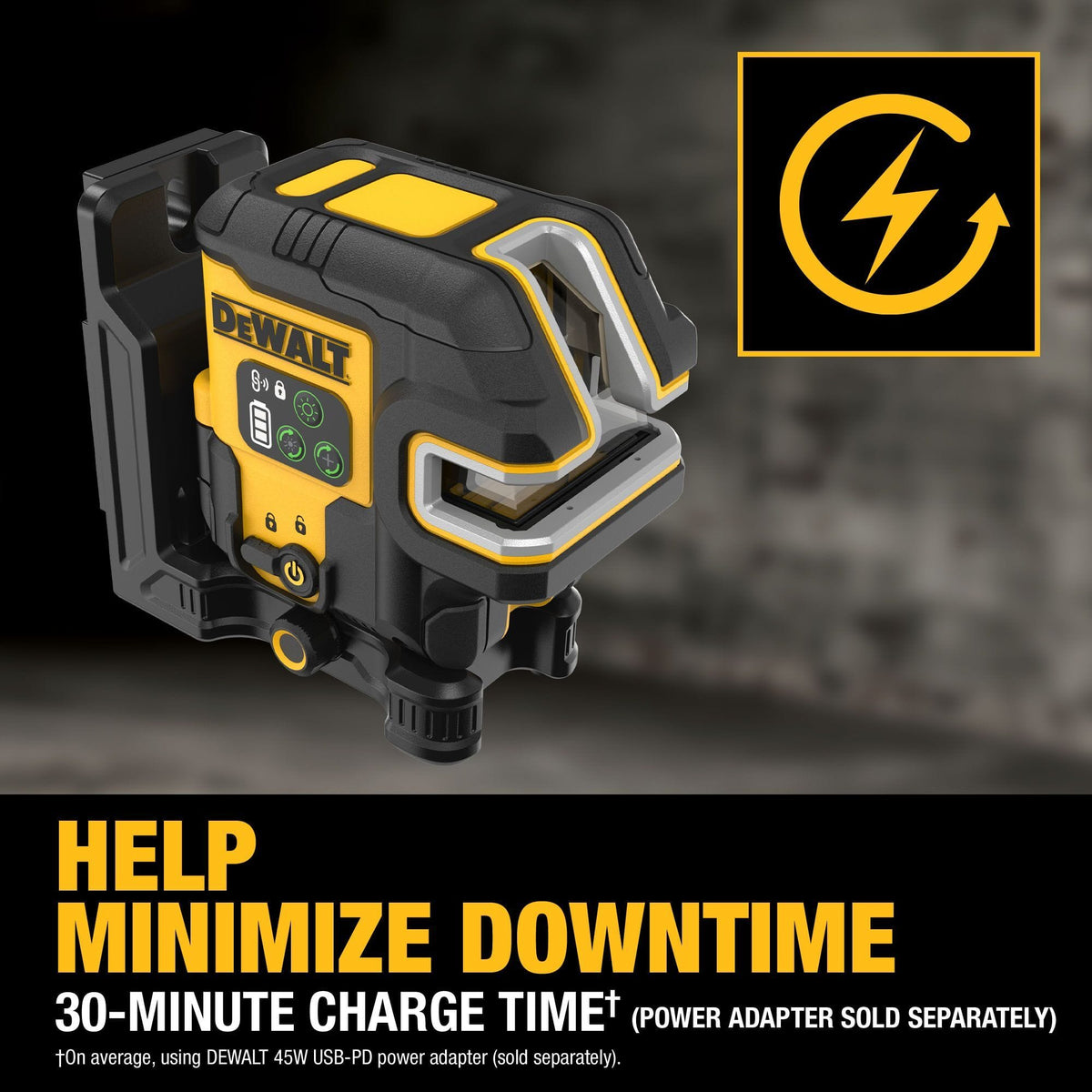 Graphic of the DEWALT DCLE14251G green laser level illustrating its fast 30-minute charge time using a USB-C connection to help minimize job site downtime.