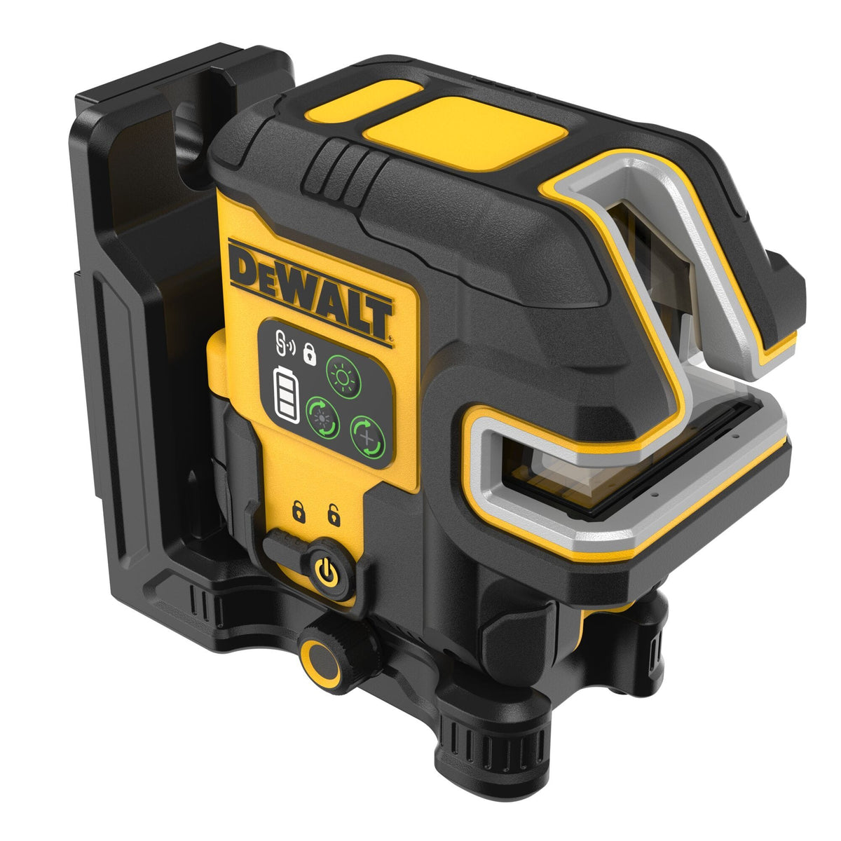 Angled front view of the DEWALT DCLE14251G IP54-rated crossline laser level mounted to its magnetic base, showcasing the durable overmolded housing and clear laser windows.