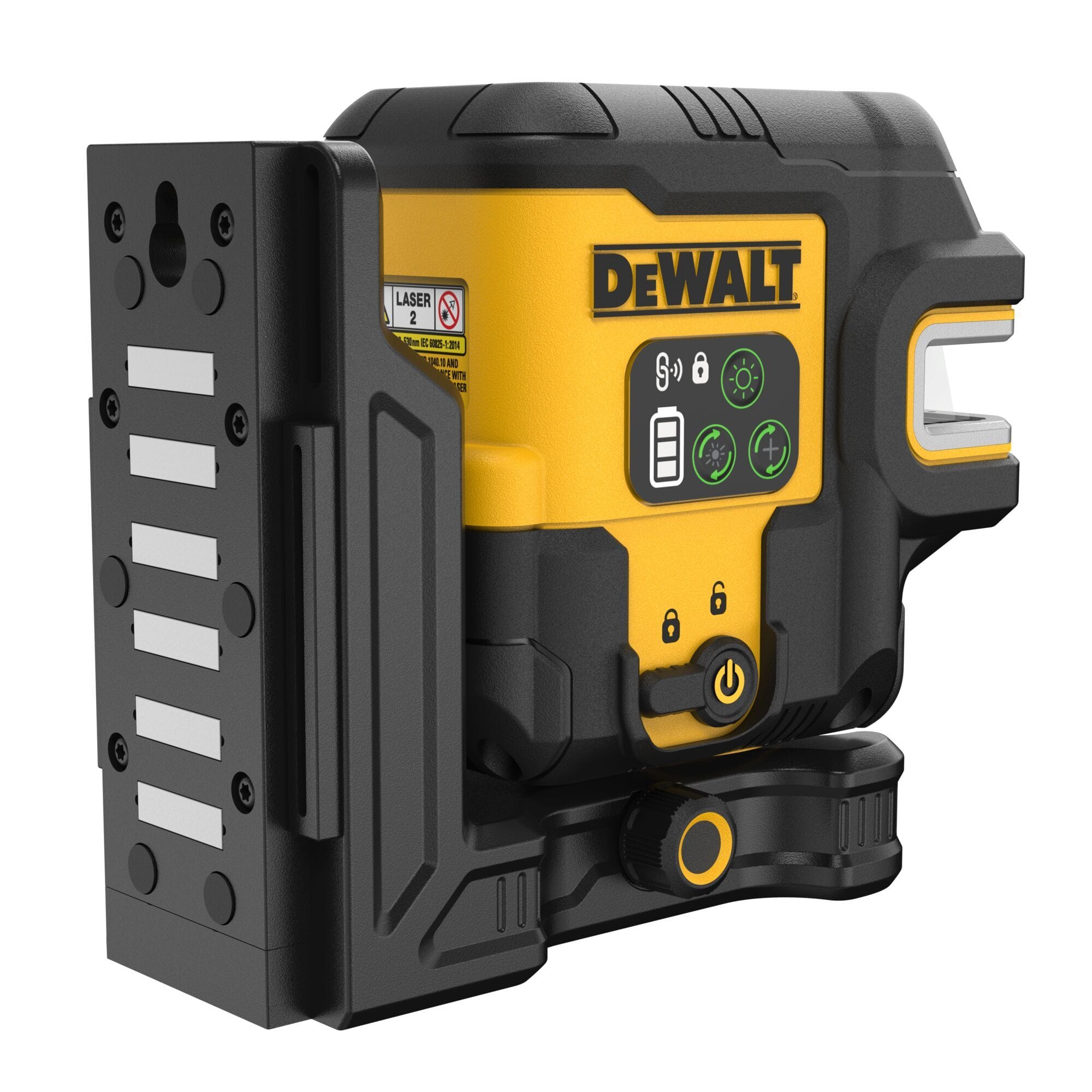 Angled rear view of the DEWALT DCLE14251G green laser level attached to the heavy-duty magnetic wall bracket, highlighting the strong rare earth magnets used for secure metal framing layouts.