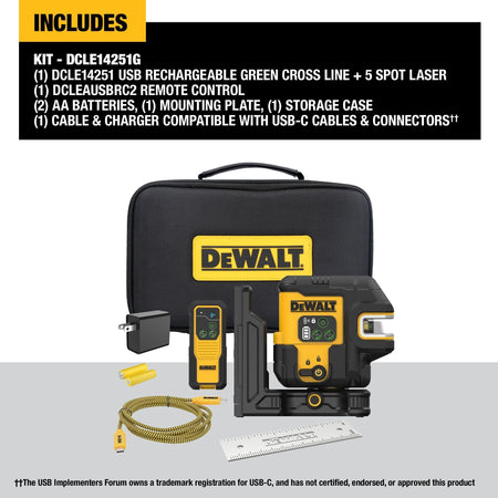 Infographic listing the contents of the DEWALT DCLE14251G kit: the USB rechargeable green cross line and 5-spot laser, remote control, batteries, mounting plate, storage case, and USB-C charger.