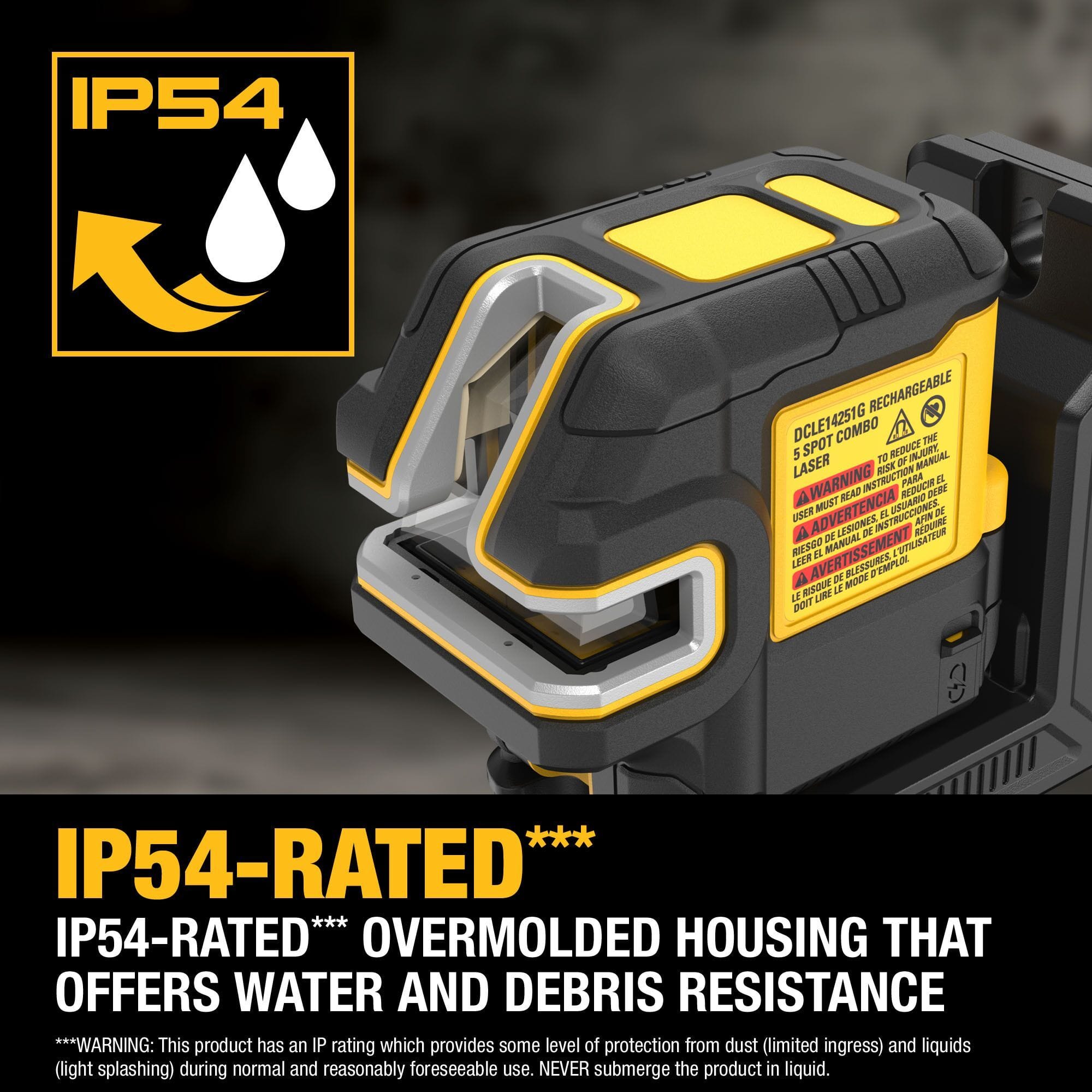 Graphic showcasing the durable design of the DEWALT DCLE14251G spot and crossline laser, emphasizing its IP54-rated overmolded housing that provides excellent water and debris resistance on the job site.