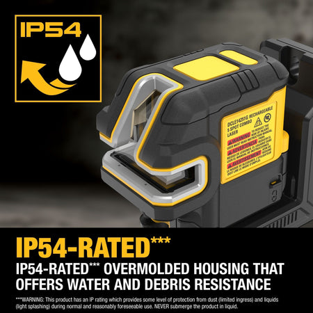 Graphic showcasing the durable design of the DEWALT DCLE14251G spot and crossline laser, emphasizing its IP54-rated overmolded housing that provides excellent water and debris resistance on the job site.