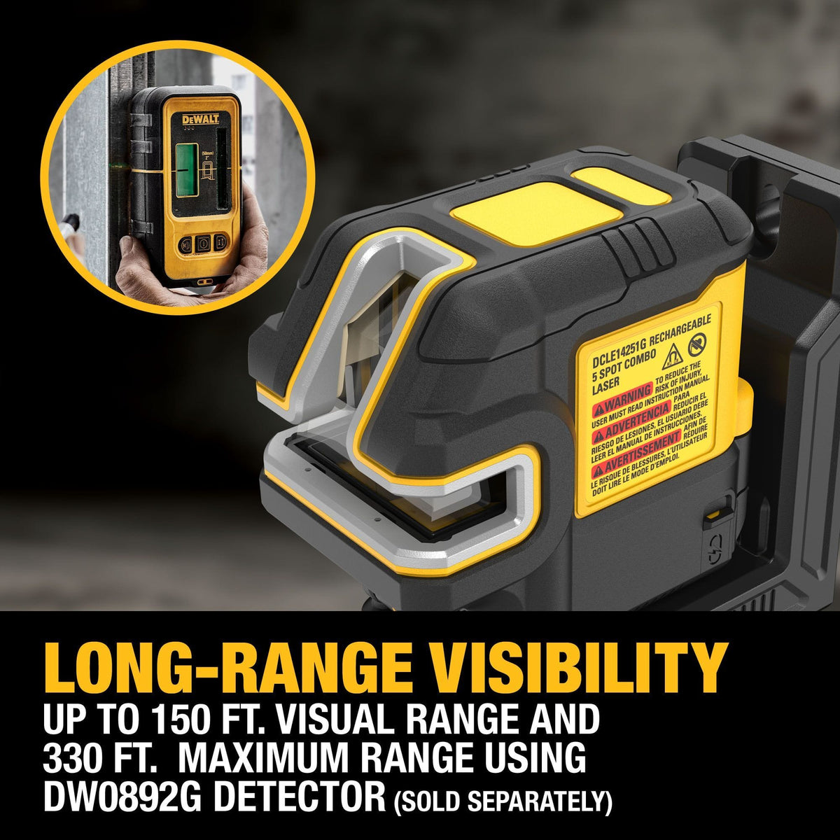 Graphic highlighting the long-range visibility of the DEWALT DCLE14251G USB rechargeable green 5-spot and crossline laser kit, featuring an inset image of a worker using a DW0892G detector to achieve a maximum range of 330 feet for highly accurate framing layouts.