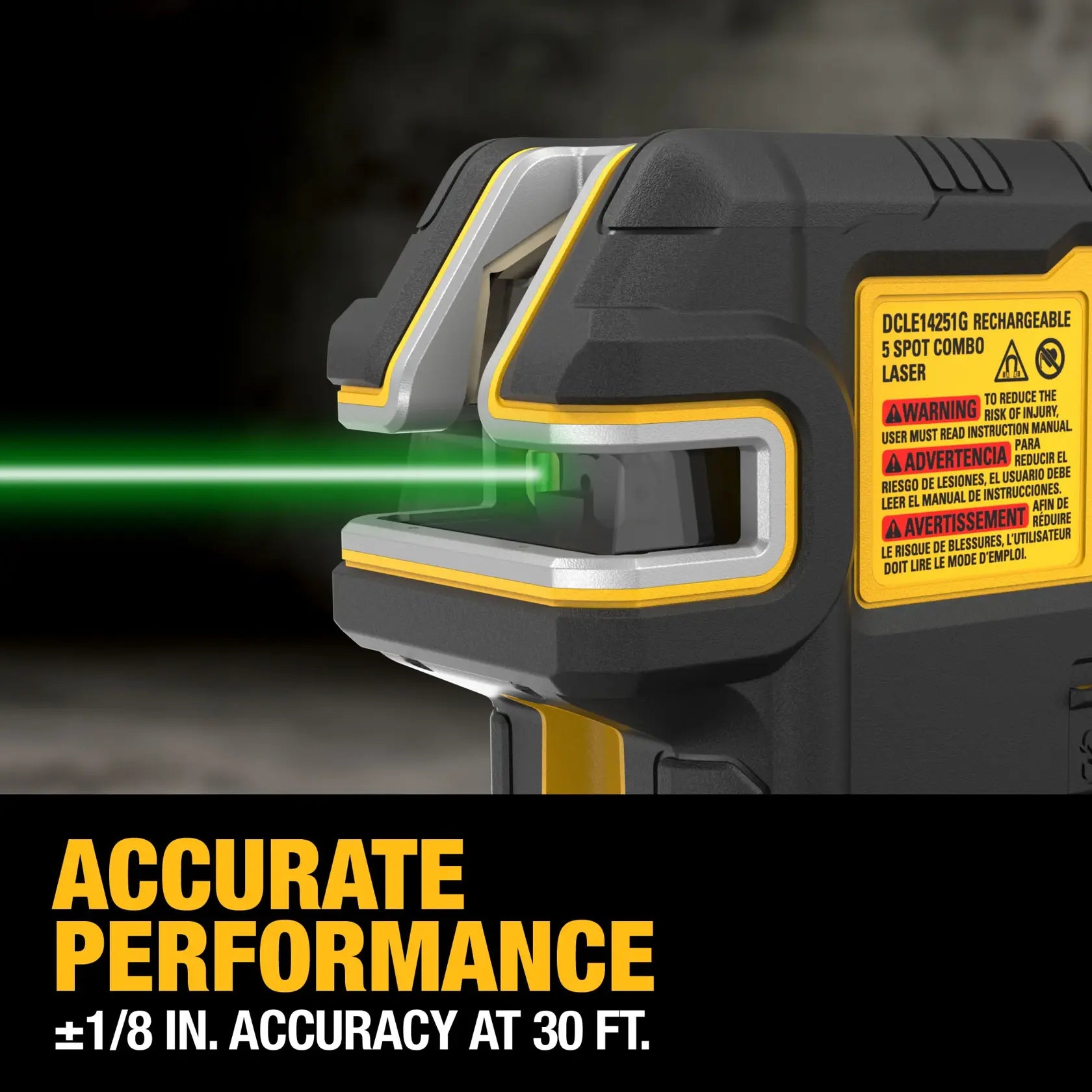 Close-up of the DEWALT DCLE14251G crossline laser emitting a bright green beam, with an overlay emphasizing its professional accurate performance of plus or minus 1/8-inch accuracy at 30 feet.