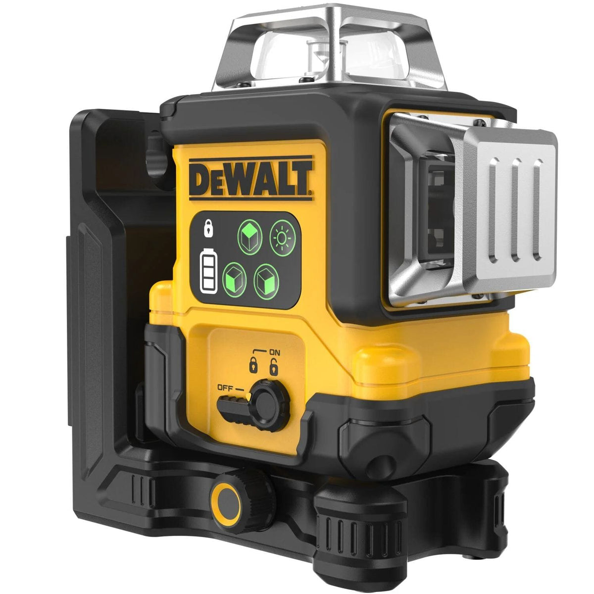 A perspective view of the DEWALT DCLE14361GB 3x360 green line laser featuring its compact yellow and black housing, integrated magnetic pivot bracket, and a clear control panel with battery and beam indicators.
