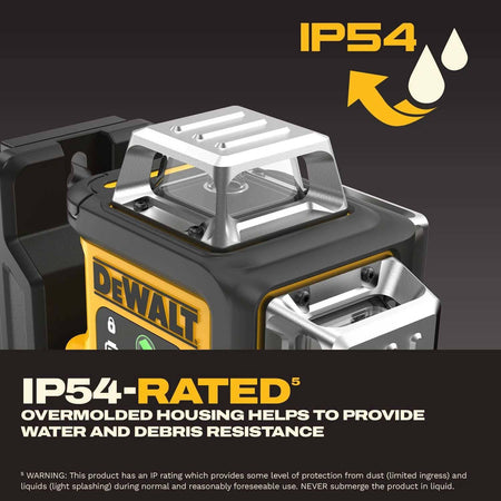 Durability infographic showing the IP54 rating of the DEWALT green line laser, emphasizing the overmolded housing's resistance to water splashes and jobsite debris.
