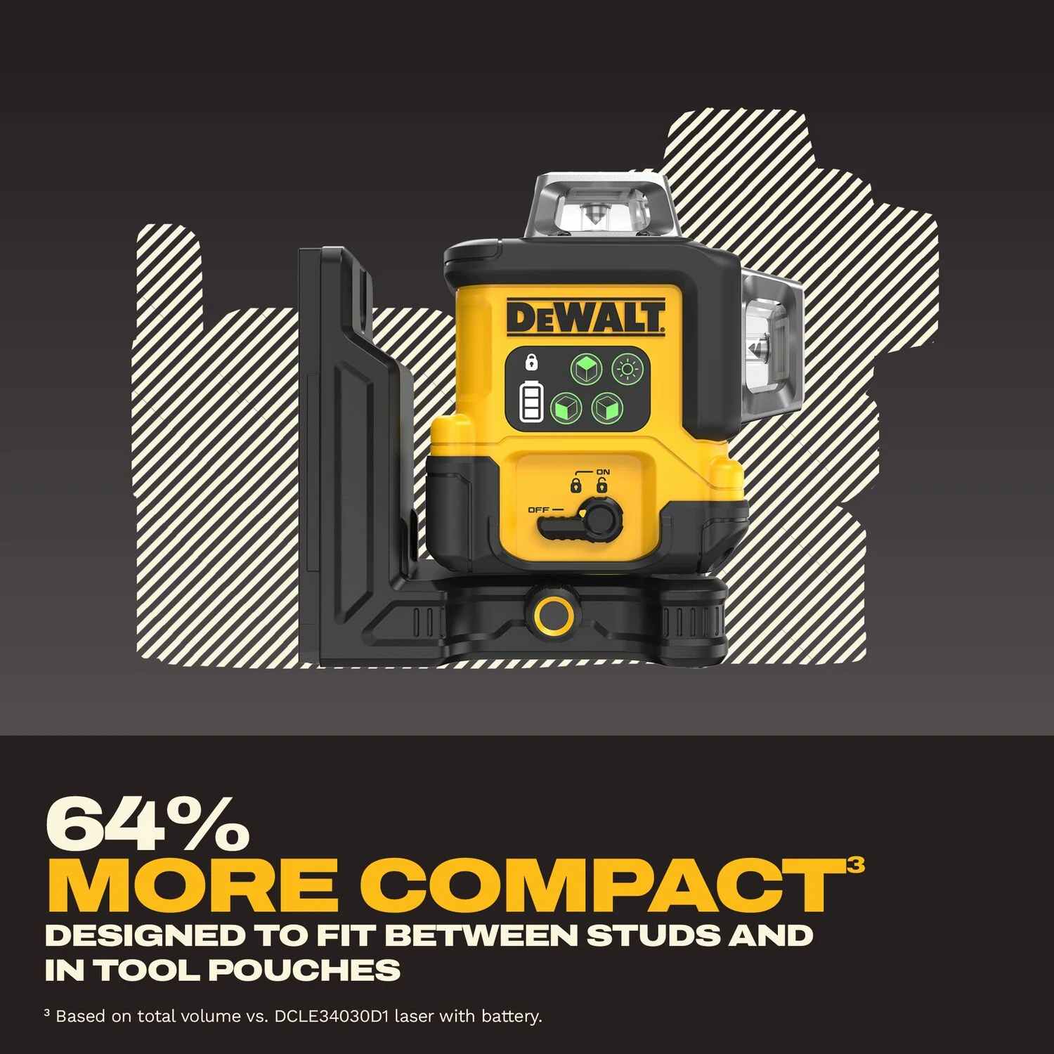 Infographic showing the DEWALT DCLE14361GB green line laser is 64 percent more compact than previous models, designed specifically to fit between wall studs and inside tool pouches.