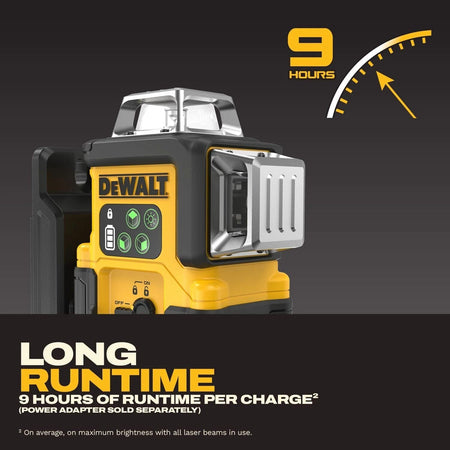 DEWALT green 3x360 line laser highlighting a long runtime of up to 9 hours per charge, featuring a compact housing and high-visibility green beam windows.