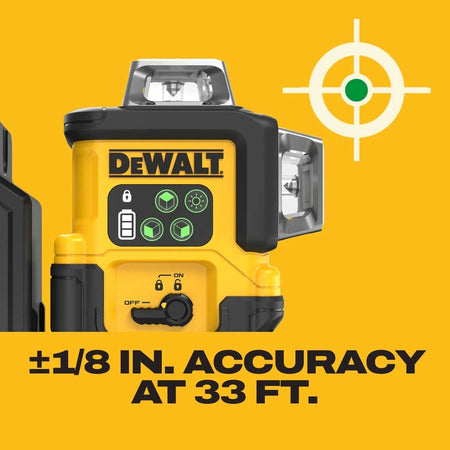 Accuracy infographic for the DEWALT DCLE14361GB green beam laser, specifying professional-grade precision of plus or minus 1/8 inch at a distance of 33 feet for layout tasks.
